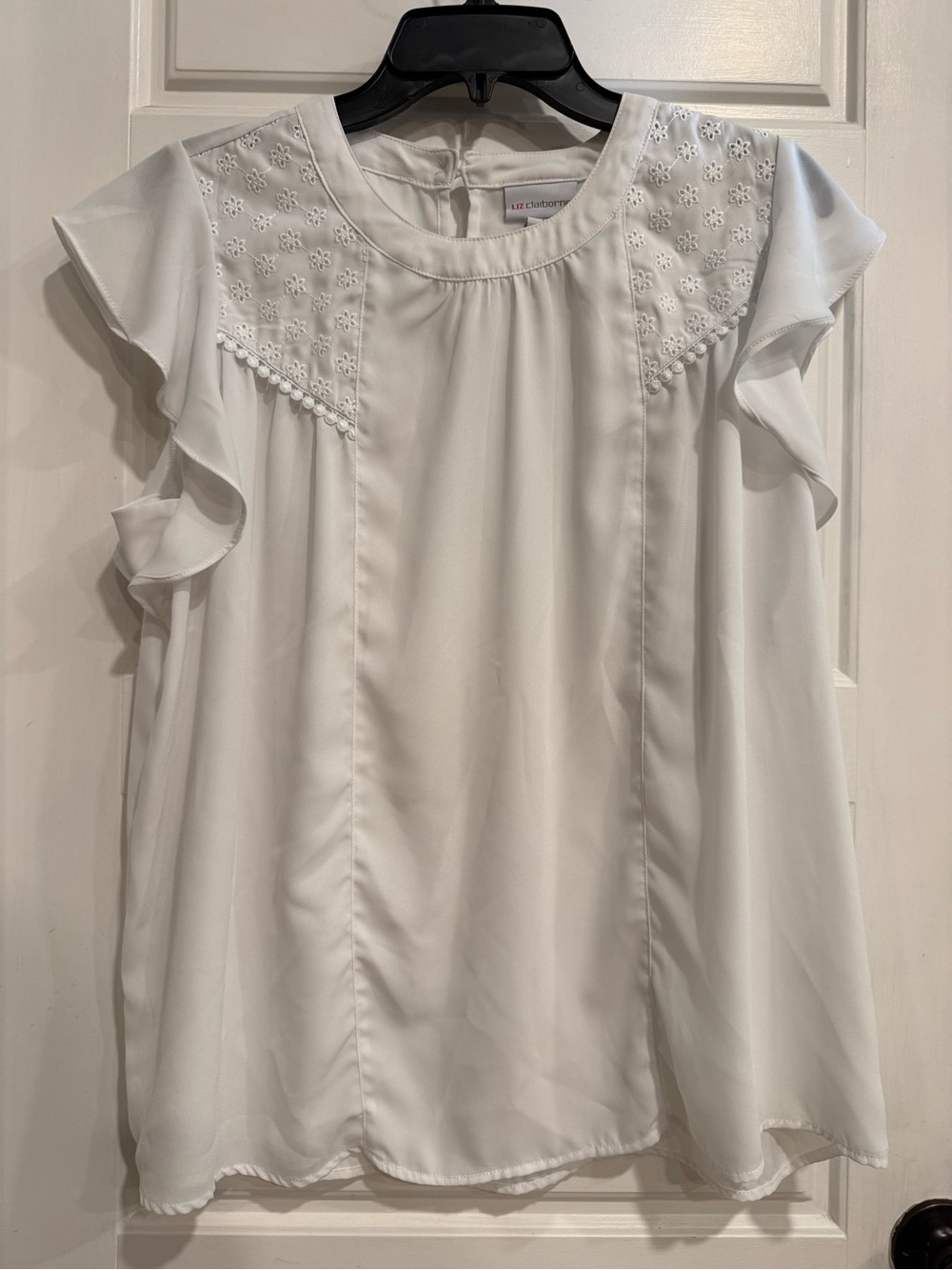 Liz Claiborne White Eyelet Embroidered Flutter Sleeve Blouse Large Cottagecore